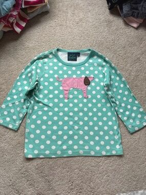 Mini Boden Mint Green Polka Dot Long-Sleeve Top with Pink Dog Appliqué size 5-6